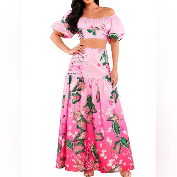 NWT L’ATISTE Pink Ombré Floral Butterfly Lace Up Maxi Skirt Top Matching Set S - Picture 2 of 13